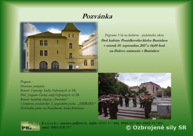 Pozvánka - "Deň kultúry Posádkového klubu Bratislava"