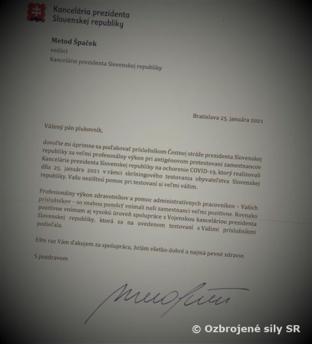 Poďakovanie Kancelárie prezidenta SR