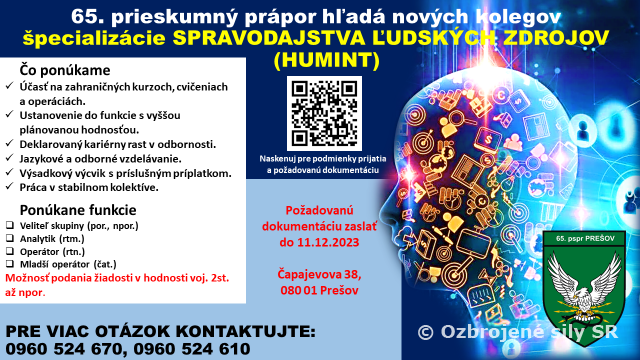VYHLÁSENIE VÝBERU NOVÝCH PRÍSLUŠNÍKOV DO 65. PRIESKUMNÉHO PRÁPORU PREŠOV