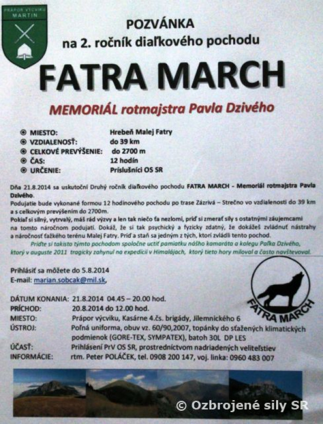 AVÍZO o uskutočnení diaľkového pochodu „FATRA MARCH“ Memoriál rotmajstra Pavla DZIVÉHO“