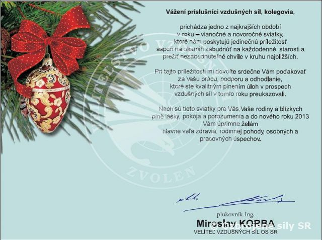 Vianočný pozdrav veliteľa vzdušných síl